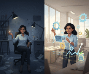 A split image showing two contrasting scenarios for a founder. On the left, a person sits in a dimly lit, messy office, looking unmotivated while holding a small, dying spark, symbolizing waiting for motivation