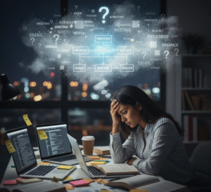 entrepreneur or founder sitting at a desk, looking overwhelmed